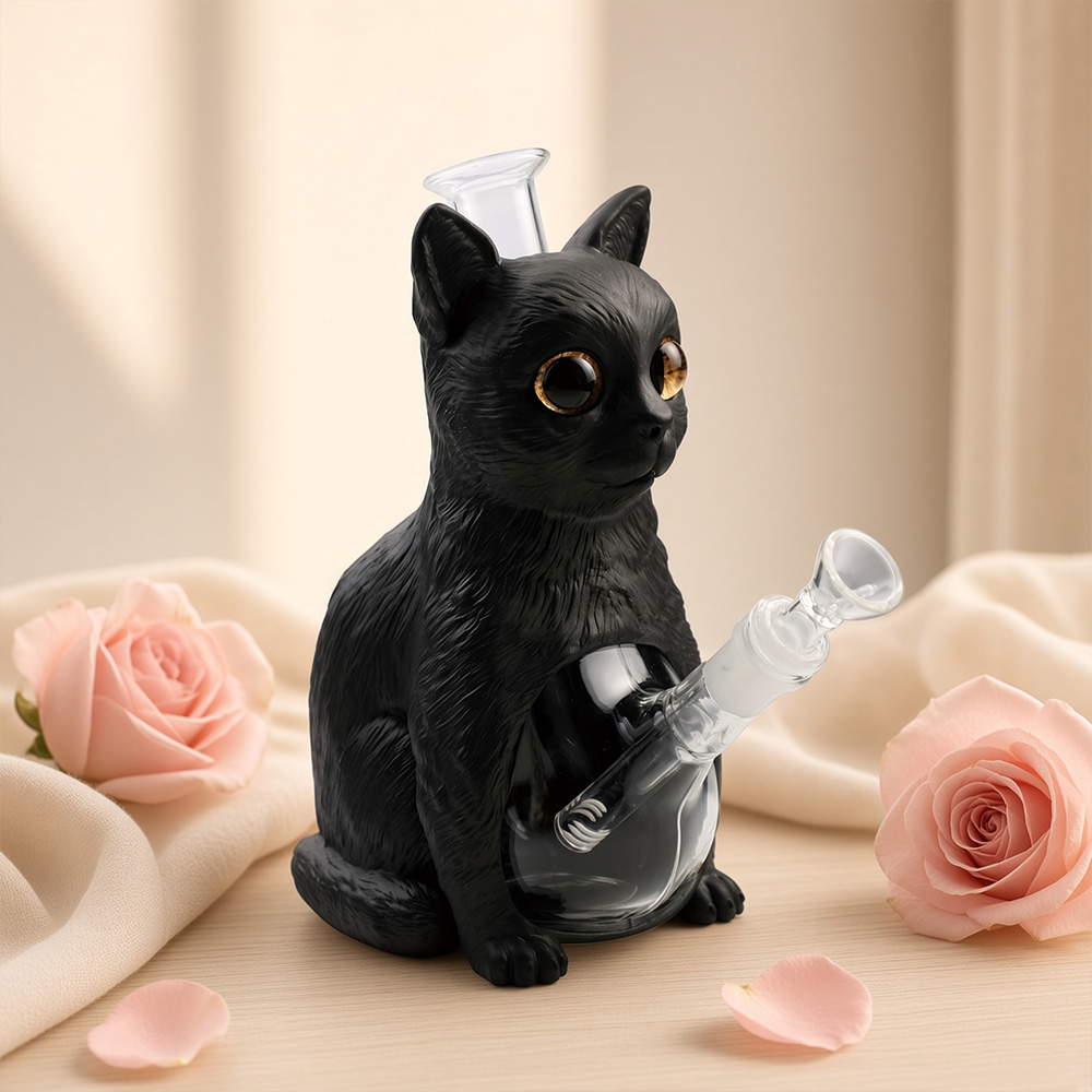 YHS Smoke 8.8″ Black Tabby Cat Water Pipe